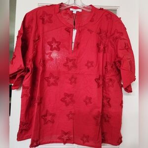 Chico's Red Star Embroidered Blouse